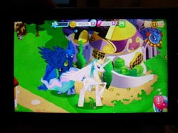 Size: 800x600 | Tagged: safe, gameloft, princess celestia, princess luna, g4, 3d, butt wings, game, looking at you