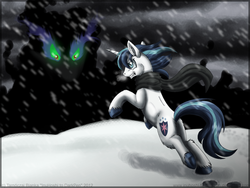 Size: 900x675 | Tagged: safe, artist:inuhoshi-to-darkpen, king sombra, shining armor, pony, umbrum, unicorn, g4, butt, clothes, male, plot, scarf, snow, snowfall, stallion, unshorn fetlocks