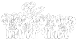 Size: 2601x1317 | Tagged: safe, artist:sunomii, applejack, fluttershy, pinkie pie, rainbow dash, rarity, twilight sparkle, g4, alternate hairstyle, crystallized, mane six, sketch