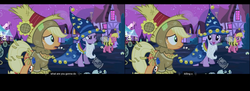 Size: 2880x1050 | Tagged: safe, screencap, applejack, cherry berry, twilight sparkle, g4, bee costume, clothes, nightmare night, youtube caption