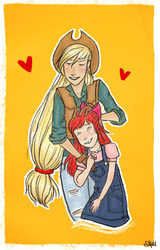 Size: 457x715 | Tagged: safe, artist:stkidd, apple bloom, applejack, human, g4, humanized, sisters