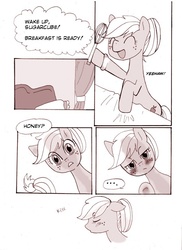 Size: 531x731 | Tagged: safe, applejack, g4, alternate hairstyle, comic, english, monochrome, pixiv, translation