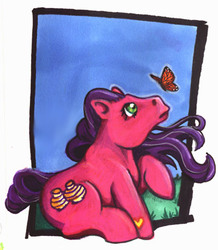 Size: 359x411 | Tagged: artist needed, source needed, safe, kimono, butterfly, earth pony, pony, g3, female, hoof heart, looking at something, looking up, mare, raised hoof, side view, sitting, traditional art