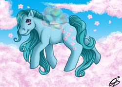 Size: 1023x731 | Tagged: artist needed, source needed, safe, peach blossom, flutter pony, pony, g1, 2010, anime eyes, female, flower, flying, looking at you, mare, signature, solo, transparent wings, wings