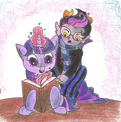 Size: 805x816 | Tagged: safe, artist:sprinklestar, twilight sparkle, pony, unicorn, g4, book, clothes, colored pencil drawing, crossover, eridan ampora, female, homestuck, mare, scarf, traditional art, troll (homestuck), unicorn twilight