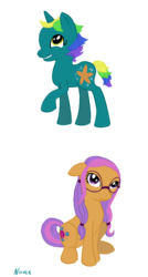 Size: 900x1684 | Tagged: safe, artist:sprinklestar, seaspray (g3), sew-and-so, earth pony, pony, unicorn, g3, g4, female, g3 to g4, generation leap, mare, simple background, transparent background