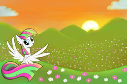 Size: 3000x2000 | Tagged: safe, artist:gearholder, blossomforth, pony, g4, female, scenery, solo, spread wings, sunrise