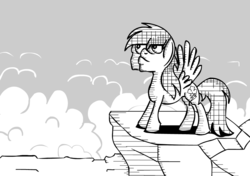 Size: 1024x720 | Tagged: safe, rainbow dash, g4, cliff, faic, full body, lineart, monochrome, side view, solo, spread wings, wat, wings