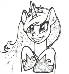 Size: 2260x2438 | Tagged: safe, artist:vombavr, princess luna, pony, g4, bust, female, lineart, monochrome, portrait, smiling, solo