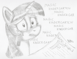 Size: 2500x1919 | Tagged: safe, artist:kuroitsubasatenshi, twilight sparkle, pony, unicorn, g4, crying, f, female, greatest fear, magic kindergarten, mare, monochrome, sad, solo