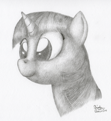 Size: 1600x1752 | Tagged: safe, artist:kuroitsubasatenshi, twilight sparkle, pony, unicorn, g4, bust, female, grayscale, mare, monochrome, signature, smiling, solo, traditional art