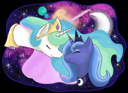 Size: 2338x1700 | Tagged: safe, artist:mbboxen, princess celestia, princess luna, alicorn, pony, g4, cute, cutelestia, eyes closed, lunabetes, nuzzling, s1 luna