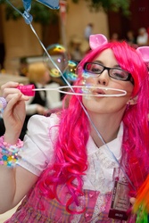 Size: 2592x3888 | Tagged: artist needed, safe, pinkie pie, human, g4, anime weekend atlanta, awa 2012, bubble, cosplay, glasses, irl, irl human, photo, solo