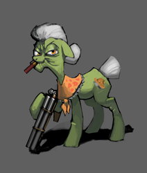 Size: 1280x1513 | Tagged: safe, artist:vombavr, granny smith, earth pony, pony, g4, elderly, female, granny smith is not amused, gun, shotgun, simple background, solo, weapon