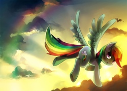 Size: 1500x1072 | Tagged: safe, artist:jellytix, rainbow dash, g4, cloud, cloudy, rainbow, sunset