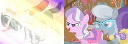 Size: 1816x628 | Tagged: safe, edit, edited screencap, screencap, diamond tiara, king sombra, silver spoon, call of the cutie, g4, the crystal empire, blank flank, glasses