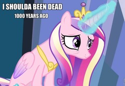 Size: 950x648 | Tagged: safe, edit, edited screencap, screencap, princess cadance, alicorn, pony, g4, my little pony: friendship is magic, the crystal empire, bags under eyes, concave belly, female, image macro, mare, slender, text, thin, tired