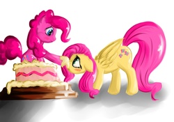 Size: 1500x1050 | Tagged: safe, artist:mysterious44, fluttershy, pinkie pie, g4, cake, female, lesbian, popping out of a cake, ship:flutterpie, shipping, surprise cake