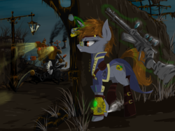 Size: 1555x1166 | Tagged: safe, artist:madhotaru, oc, oc only, oc:littlepip, pony, robot, unicorn, fallout equestria, clothes, crossover, dead tree, fallout, fanfic, fanfic art, featured image, female, glare, glasses, glowing horn, gritted teeth, gun, horn, jumpsuit, magic, mare, pipbuck, solo, steampunk, telekinesis, tree, vault suit, wasteland, weapon, zebra rifle
