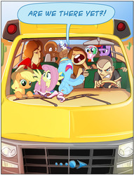 Size: 650x849 | Tagged: safe, artist:elisa "leelee" scaldaferri, edit, applejack, fluttershy, pinkie pie, rainbow dash, rarity, twilight sparkle, g4, applestare, bus, desert bus for hope, name game (comic)