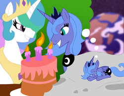 Size: 900x695 | Tagged: safe, artist:pembroke, princess celestia, princess luna, alicorn, pony, g4, cake, crying, earth, memories, moon, s1 luna, sad