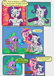 Size: 2480x3508 | Tagged: safe, artist:raggyrabbit94, princess cadance, rarity, spike, alicorn, dragon, pony, unicorn, g4, angry, comic, crystal heart, eating, female, heart eyes, mare, nom, page, tasty empire, this will end in pain, this will end in tears and/or death, wingding eyes