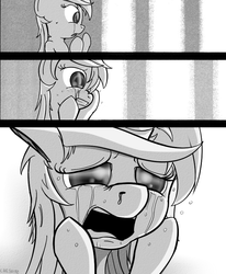 Size: 660x800 | Tagged: safe, artist:cheshiresdesires, lyra heartstrings, pony, unicorn, g4, anime, chrono crusade, comic, crying, female, grayscale, manga, monochrome, parody, sad, solo