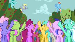 Size: 1280x720 | Tagged: safe, screencap, berry punch, berryshine, carrot top, cherry berry, derpy hooves, dizzy twister, golden harvest, lemon hearts, lyra heartstrings, merry may, minuette, orange swirl, rainbow dash, rainbowshine, sea swirl, seafoam, spring melody, sprinkle medley, sunshower raindrops, twinkleshine, earth pony, pegasus, pony, unicorn, g4, season 2, the super speedy cider squeezy 6000, apple tree, background pony, crowd, female, flying, mare, tree