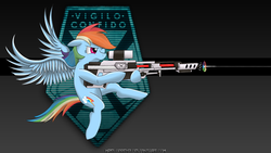 Size: 1920x1080 | Tagged: safe, artist:mrfloppemz, rainbow dash, pegasus, pony, g4, crossover, female, floppy ears, flying, gun, hooves, mare, one eye closed, optical sight, rifle, sniper rifle, solo, spread wings, wallpaper, weapon, wings, x-com, xcom: enemy unknown