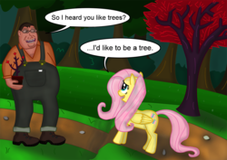 Size: 1168x826 | Tagged: artist needed, safe, fluttershy, human, pegasus, pony, g4, crossover, deadly premonition, female, forrest kaysen, mare, red seeds profile, this will end in tears and/or death and/or covered in tree sap, tree