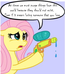 Size: 899x1020 | Tagged: safe, artist:madmax, edit, fluttershy, pony, g4, deadly premonition, female, heterochromia, parody, purple background, red seeds profile, scar, simple background, solo, speech bubble, watergun