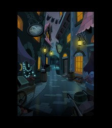 Size: 1411x1600 | Tagged: safe, artist:phil caesar, g4, magic duel, official, alley, background, canterlot, city, environment art, fim crew, night, production art, scenery, town