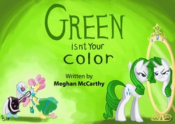 Size: 3508x2480 | Tagged: safe, artist:jowyb, fluttershy, photo finish, rarity, earth pony, pegasus, pony, unicorn, g4, green isn't your color, alternate hair color, butt, clothes, dress, female, frown, glasses, green dress, green hair, horn, mare, mirror, modelshy, plot, rarigreen, rarity is not amused, reflection, title card, unamused, wings