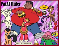 Size: 860x668 | Tagged: safe, artist:captainmexico, big macintosh, twilight sparkle, oc, bird, deer, earth pony, human, pony, rabbit, unicorn, g4, abstract background, animal, bill cosby, cartoons, clothes, crossover, dumb donald, eyes closed, fat, fat albert, fat albert and the cosby kids, female, food, head pat, male, mare, morbidly obese, obese, pants, pat, physique difference, raised hoof, skinny, spread legs, spreading, stallion, sweater, thin, wat