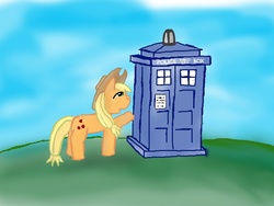 Size: 800x600 | Tagged: safe, artist:louis badalament, applejack, doctor whooves, time turner, earth pony, pony, pony pov series, g4, alex warlorn, day, doctor who, fanfic, fanfic art, reharmonized ponies, tardis
