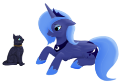 Size: 900x604 | Tagged: safe, artist:jiirani, princess luna, alicorn, cat, pony, g4, crossover, prince lune, prone, s1 luna, simple background, studio ghibli, the cat returns, transparent background