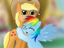 Size: 800x600 | Tagged: safe, artist:louis badalament, applejack, rainbow dash, earth pony, pegasus, pony, pony pov series, g4, alex warlorn, crying, day, fanfic, fanfic art, female, hug, lesbian, ship:appledash, shipping, startled