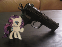 Size: 844x633 | Tagged: safe, rarity, g4, gun, irl, patch, photo