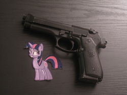 Size: 844x633 | Tagged: safe, twilight sparkle, g4, beretta, gun, irl, m9, patch, photo