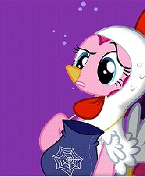 Size: 245x300 | Tagged: safe, screencap, pinkie pie, earth pony, pony, g4, luna eclipsed, animal costume, animated, chicken pie, chicken suit, clothes, costume, cropped, female, nightmare night costume, solo
