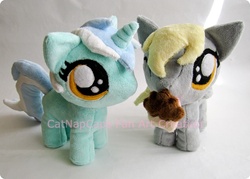 Size: 700x500 | Tagged: safe, artist:catnapcaps, derpy hooves, lyra heartstrings, g4, filly, irl, muffin, photo, plushie