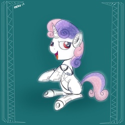 Size: 1500x1500 | Tagged: safe, artist:mcsadat, sweetie belle, pony, robot, unicorn, g4, female, filly, foal, hooves, horn, open mouth, sitting, solo, sweetie bot