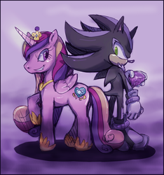 Size: 1417x1511 | Tagged: safe, artist:cylent-nite, princess cadance, queen chrysalis, g4, crossover, disguise, disguised changeling, mephiles the dark, sonic the hedgehog (series)