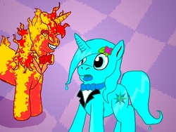 Size: 800x600 | Tagged: safe, artist:louis badalament, prince blueblood, elemental, elemental pony, fire pony, original species, pony, unicorn, pony pov series, g4, alex warlorn, chaos, discorded landscape, duo, fanfic, fanfic art, female, fire, ice, imminent rape, male, mare, princess bluebelle, reharmonized ponies, rule 63, self ponidox, selfcest