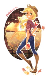 Size: 815x1359 | Tagged: safe, artist:pocketbee, applejack, human, g4, apple, female, food, grin, humanized, skinny, solo, thin