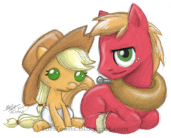 Size: 1000x802 | Tagged: safe, artist:taritoons, applejack, big macintosh, earth pony, pony, g4, baby, brother and sister, colt, diaper, female, filly, foal, male, ponyloaf, siblings, stallion, traditional art, younger