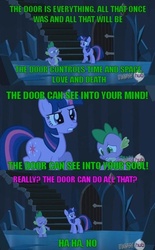 Size: 500x806 | Tagged: safe, spike, twilight sparkle, pony, unicorn, g4, charlie the unicorn, comic, door, image macro, unicorn twilight