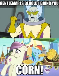 Size: 476x604 | Tagged: safe, edit, edited screencap, screencap, fleur de verre, rainbow dash, sapphire joy, silver spanner, crystal pony, pony, g4, the crystal empire, aqua teen hunger force, corn, crystal empire, doctor weird, image macro