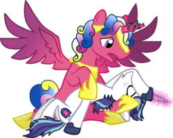 Size: 759x604 | Tagged: safe, artist:rain-approves, artist:starryoak, princess cadance, shining armor, alicorn, pony, unicorn, g4, gleaming shield, glowing horn, holding, horn, passed out, prince bolero, rule 63, simple background, transparent background