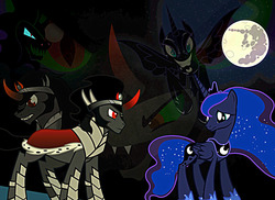 Size: 1024x747 | Tagged: safe, artist:serinasnake, king sombra, nightmare moon, princess luna, alicorn, pony, umbrum, unicorn, g4, female, male, mare, mare in the moon, moon, ship:lumbra, shipping, straight